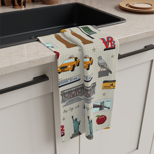 Kitchen Towel with New York City, Manhattan, Brooklyn NY in ivory