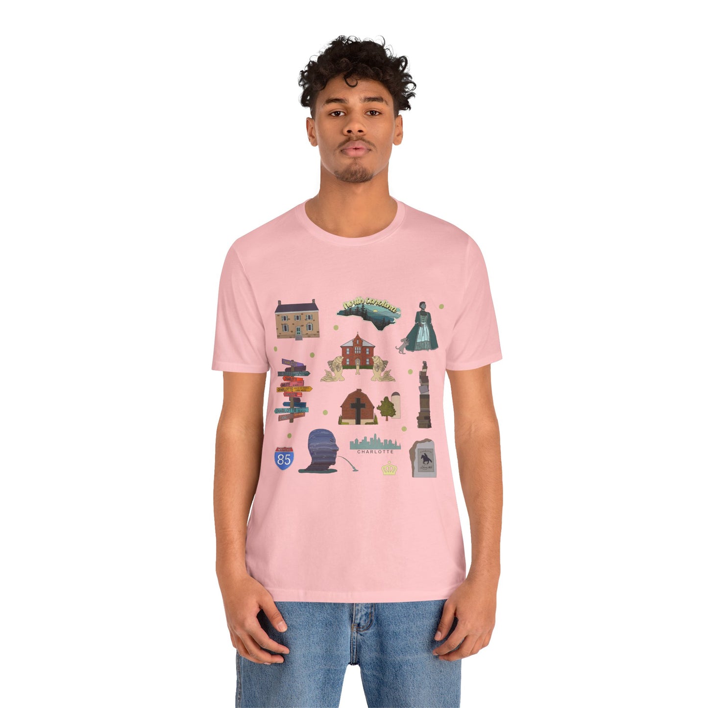 Unisex Jersey Short Sleeve Tee with Charlotte, North Carolina NC landmarks print