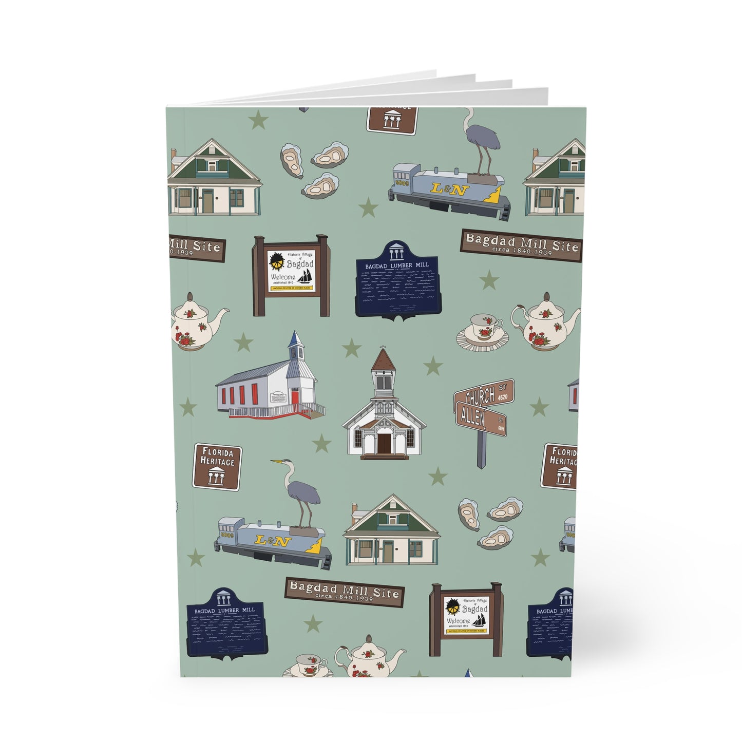 Paperback notebook with Bagdad, Florida FL landmarks in green 150 lined pages