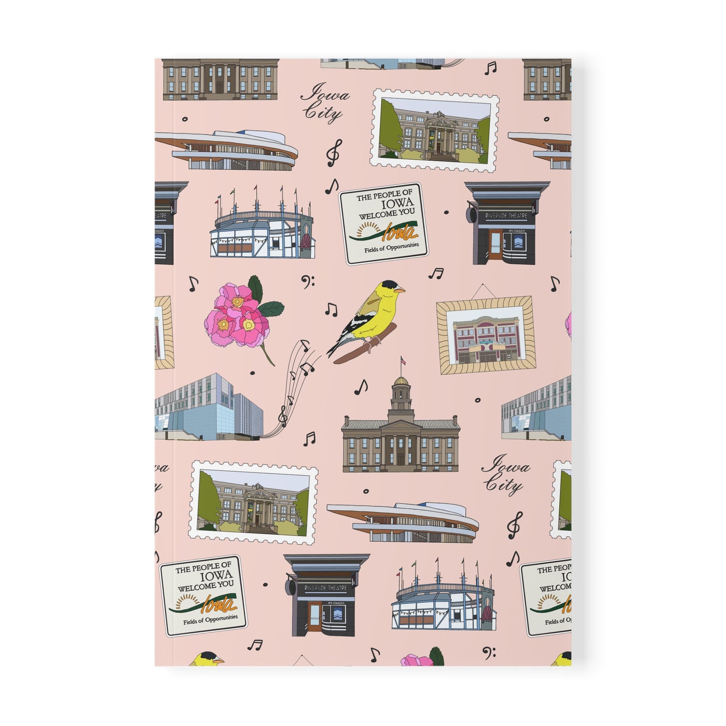 Paperback notebook with Iowa City, Iowa IA landmarks in blush 150 lined pages