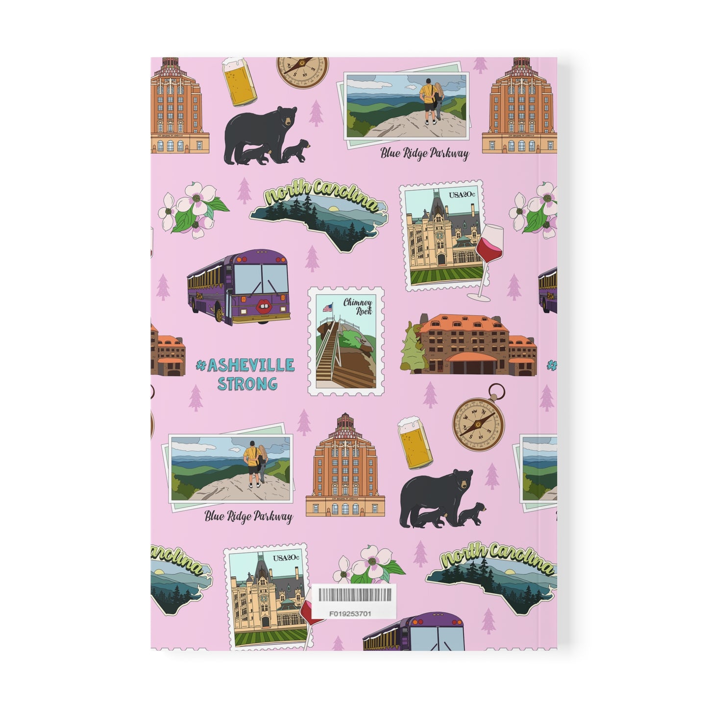 Paperback notebook with Asheville, North Carolina NC landmarks in pink 150 lined pages