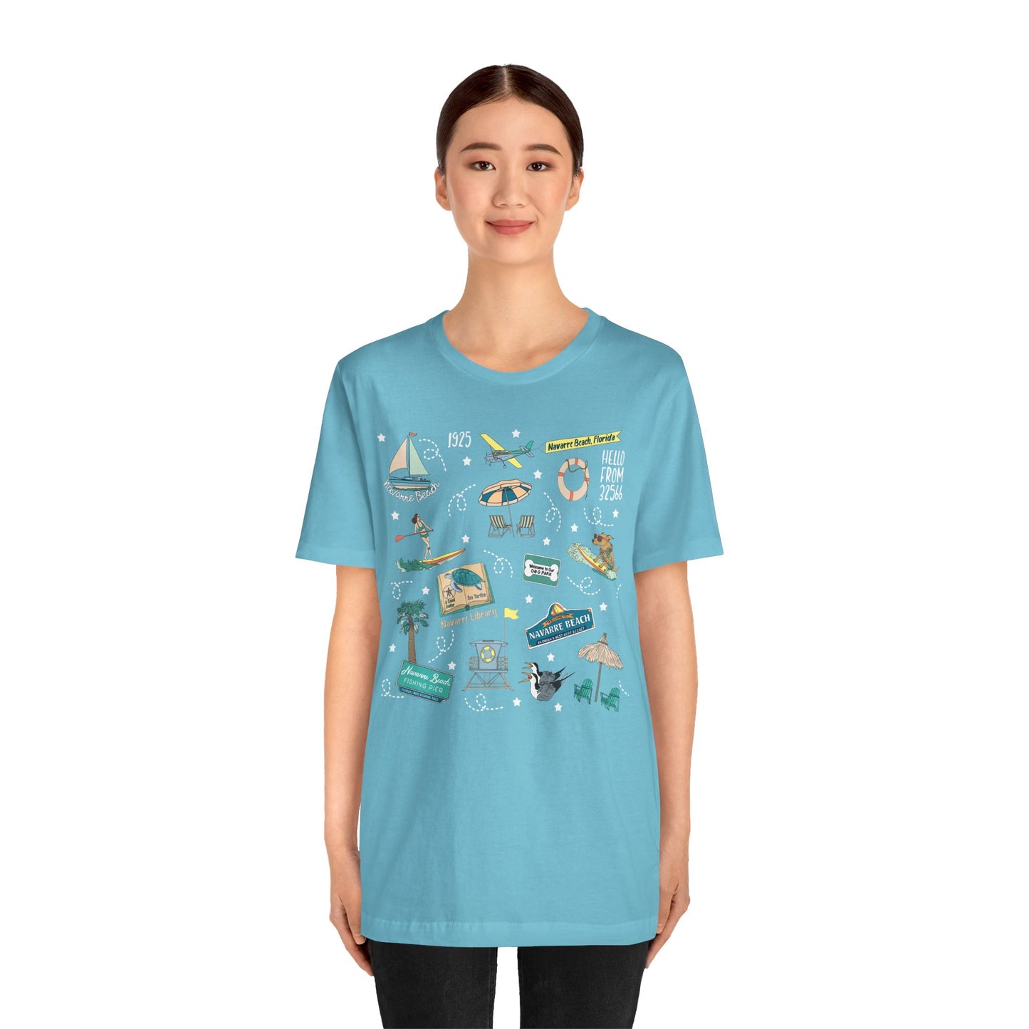 Unisex Jersey Short Sleeve Tee with Navarre Beach, FL landmarks print