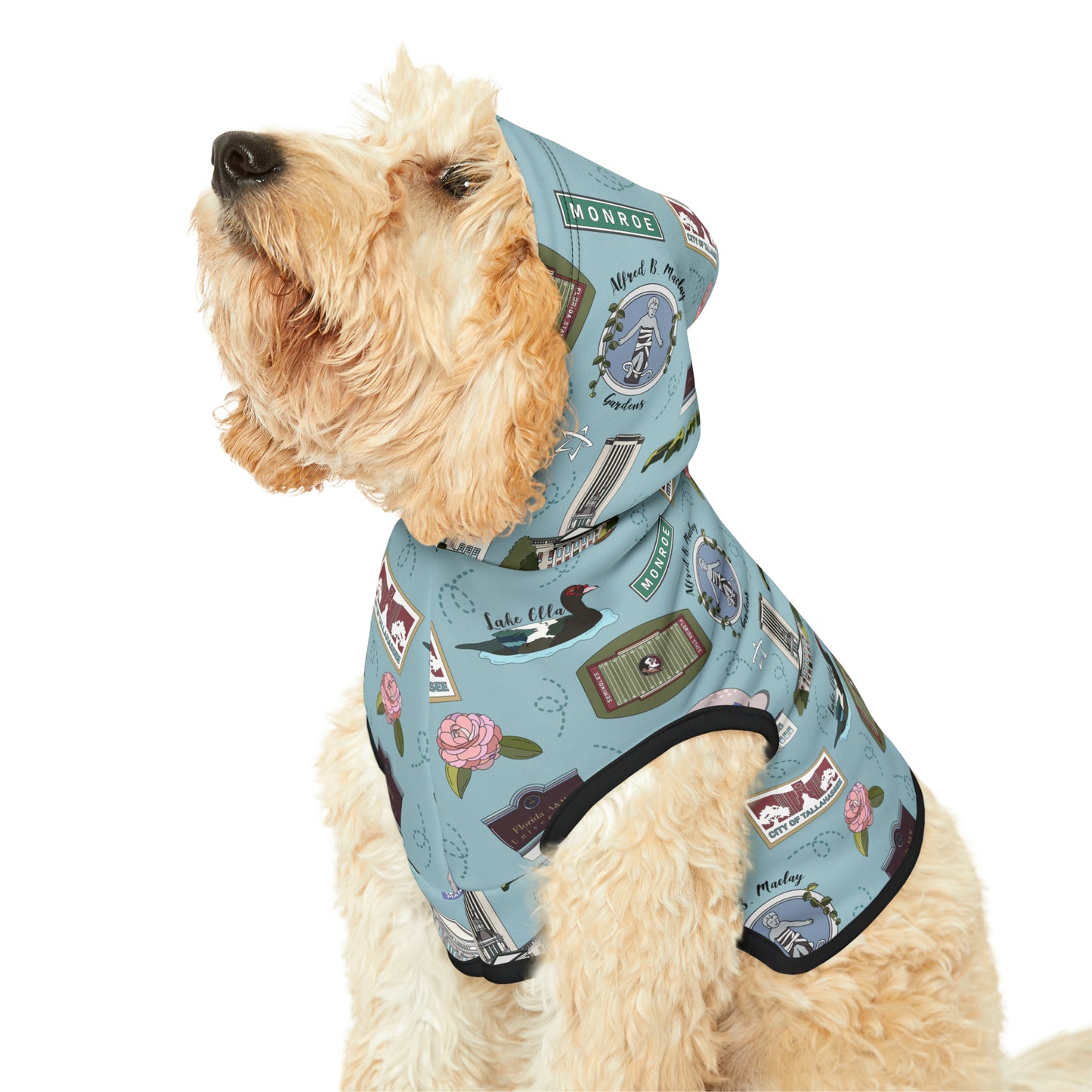 Pet Hoodie with Tallahassee Florida landmarks in blue