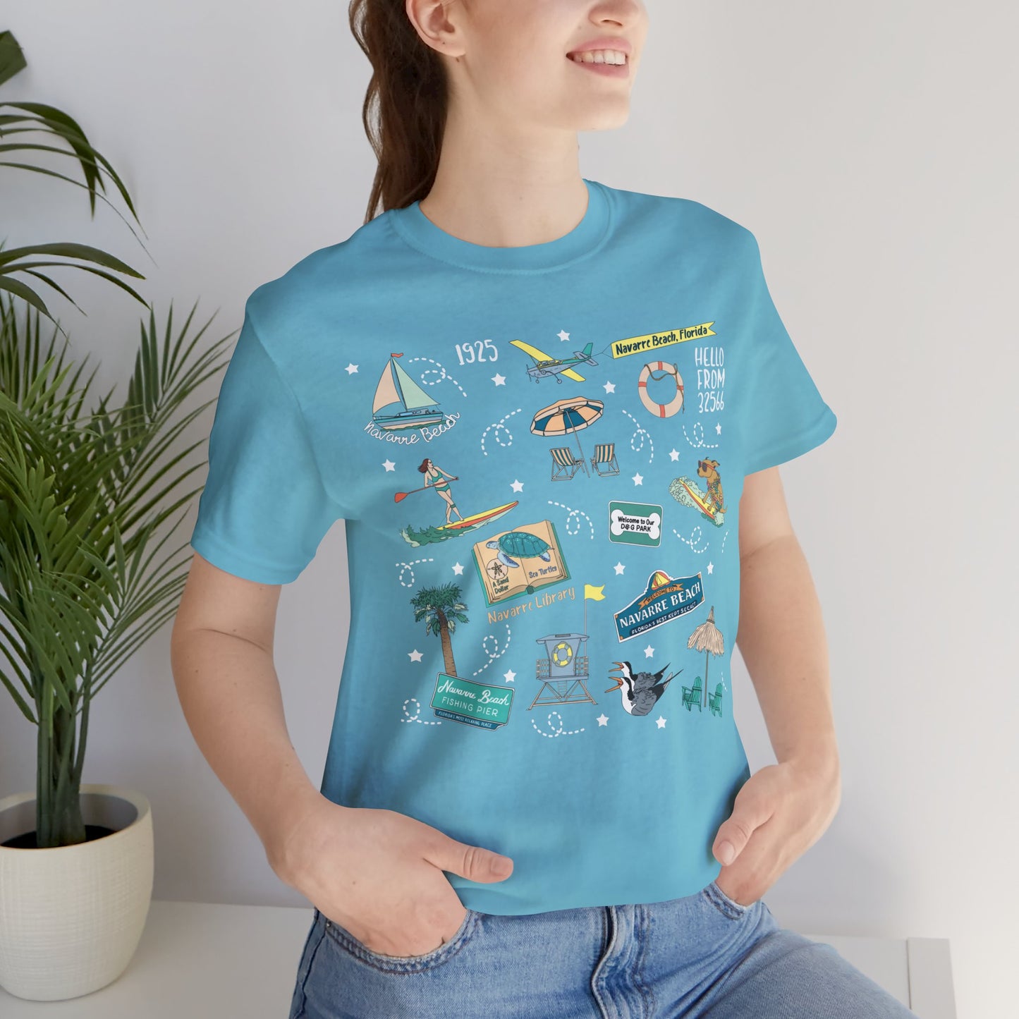 Unisex Jersey Short Sleeve Tee with Navarre Beach, FL landmarks print