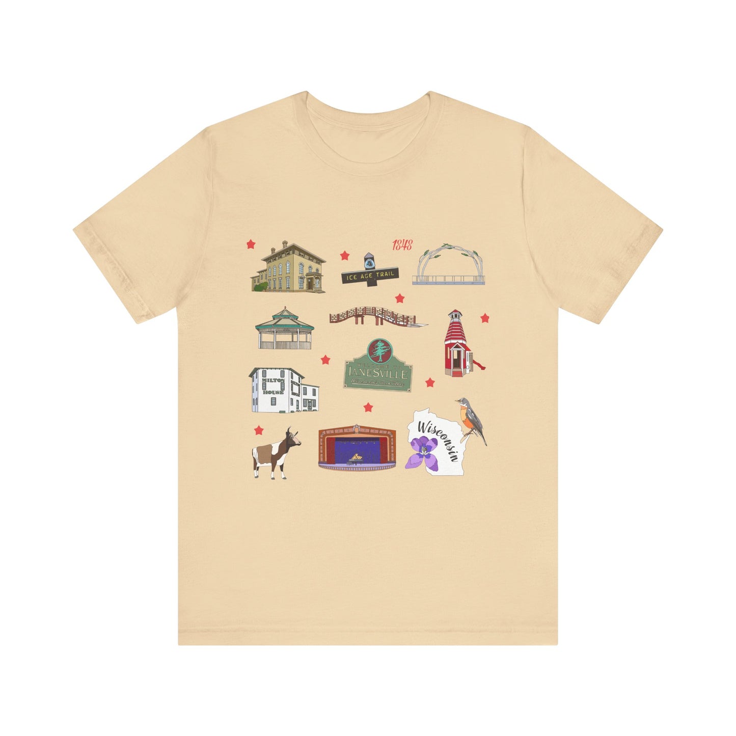 Unisex Jersey Short Sleeve Tee with Janesville, Wisconsin WI landmarks print