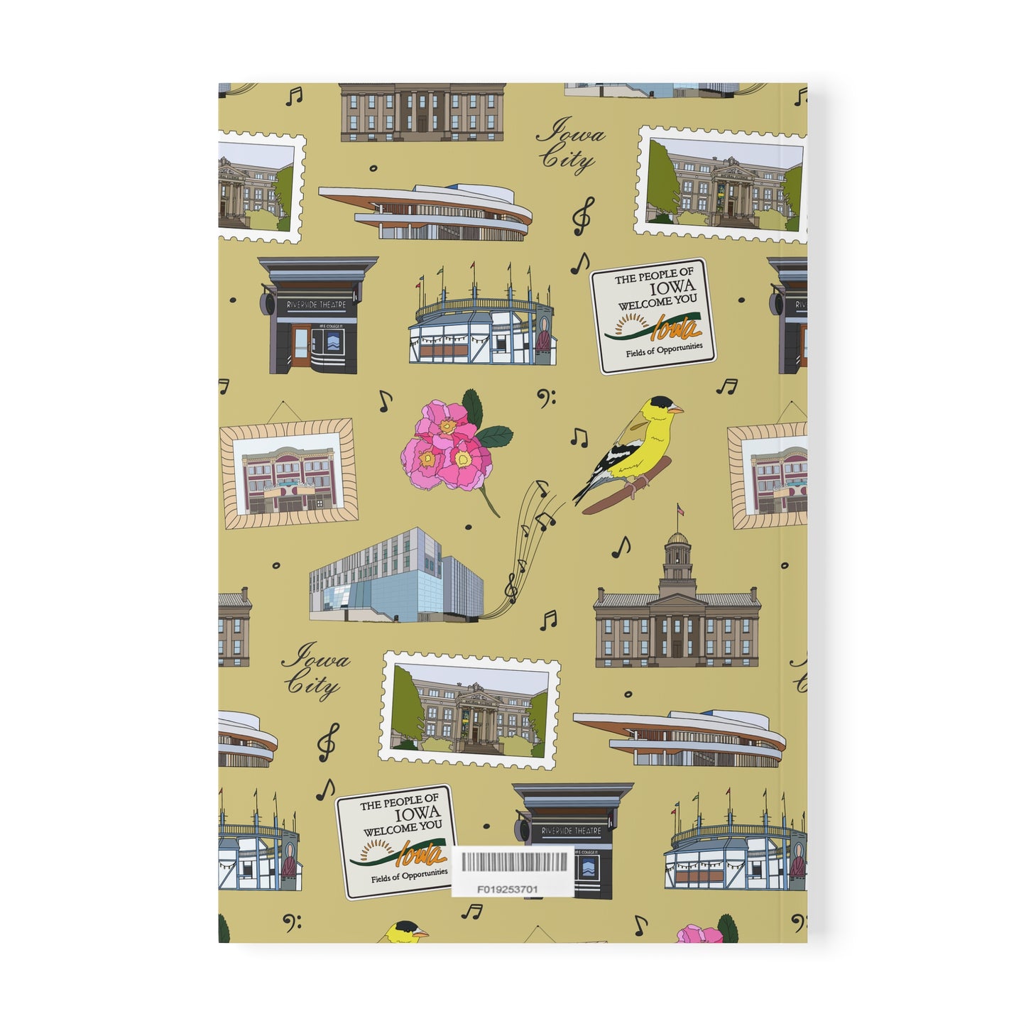 Paperback notebook with Iowa City, Iowa IA landmarks in mustard 150 lined pages