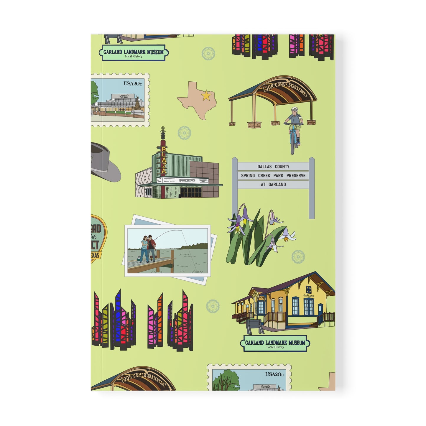 Paperback notebook with Garland, Texas TX landmarks in avocado 150 lined pages