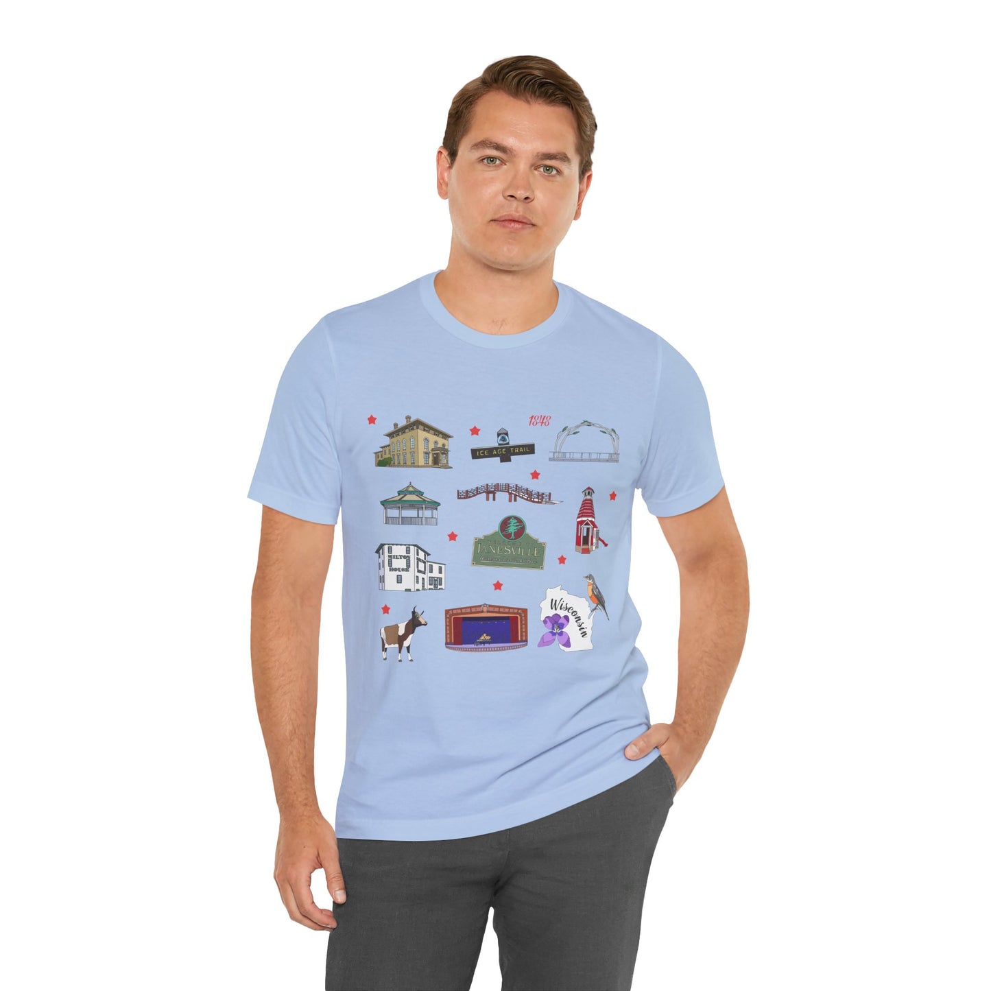 Unisex Jersey Short Sleeve Tee with Janesville, Wisconsin WI landmarks print