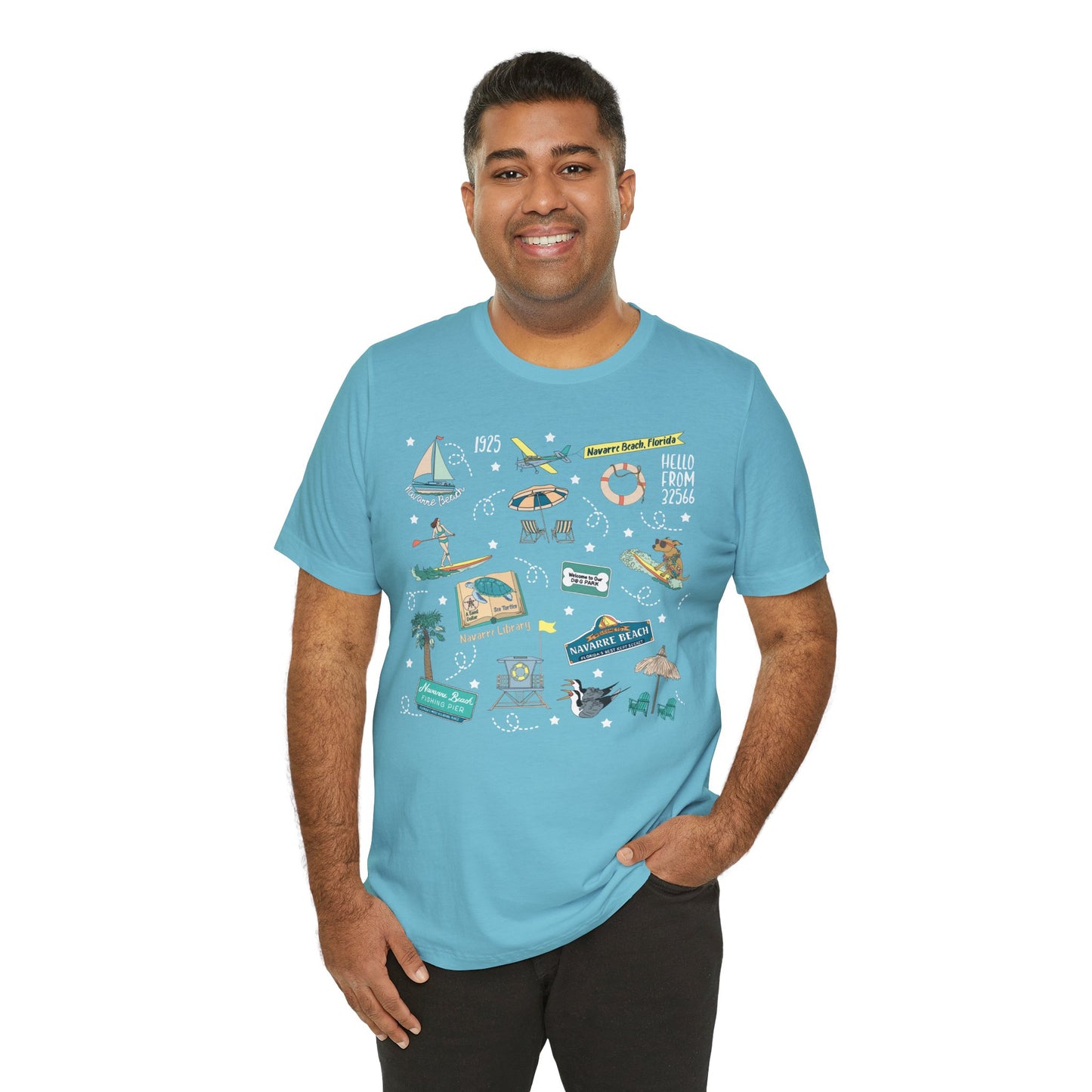 Unisex Jersey Short Sleeve Tee with Navarre Beach, FL landmarks print