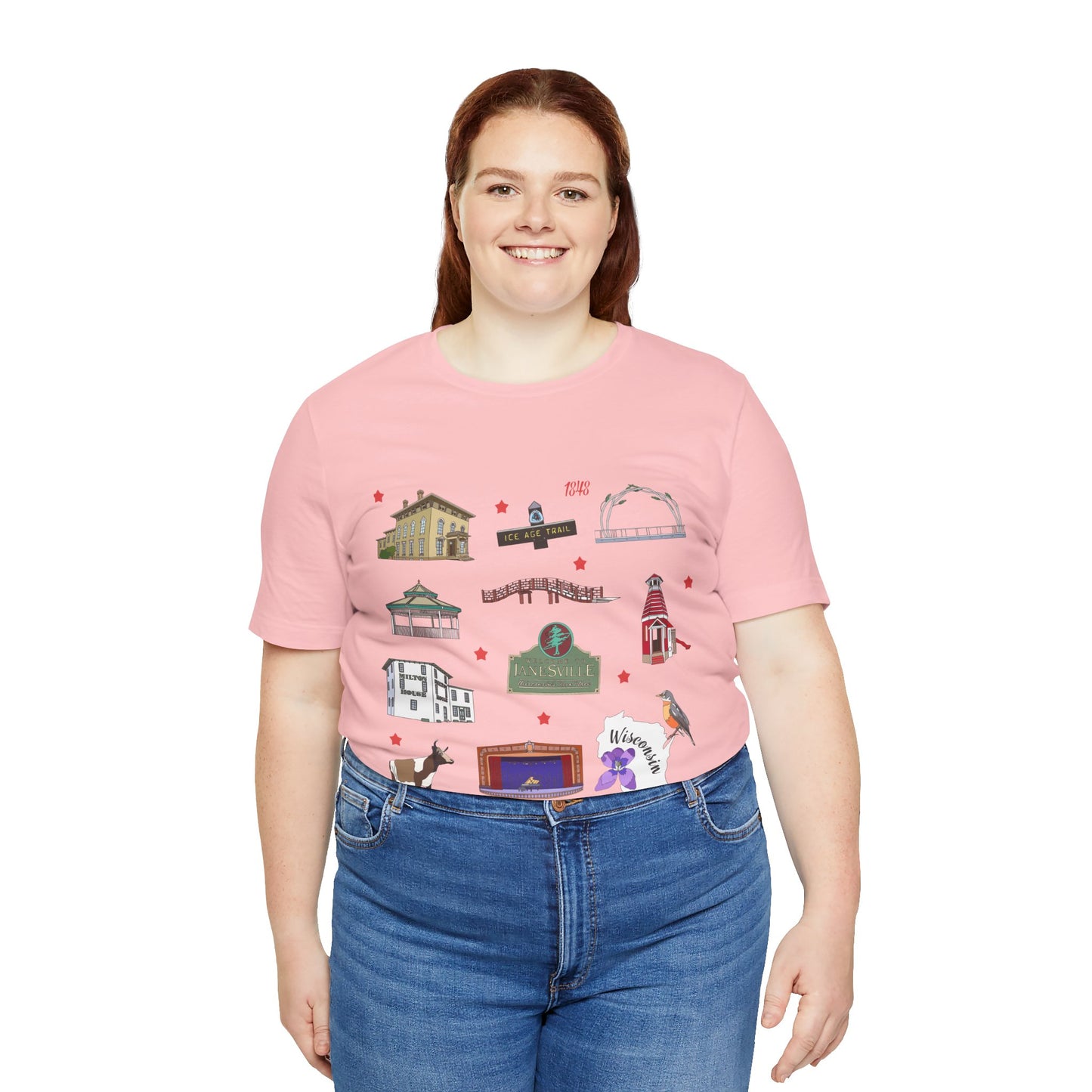 Unisex Jersey Short Sleeve Tee with Janesville, Wisconsin WI landmarks print