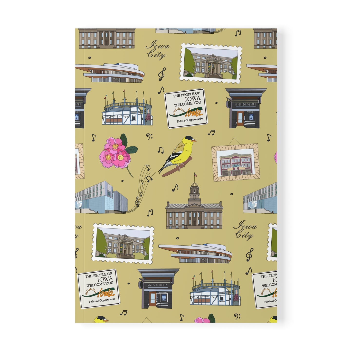 Paperback notebook with Iowa City, Iowa IA landmarks in mustard 150 lined pages