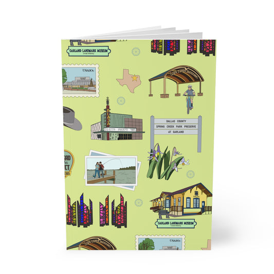 Paperback notebook with Garland, Texas TX landmarks in avocado 150 lined pages