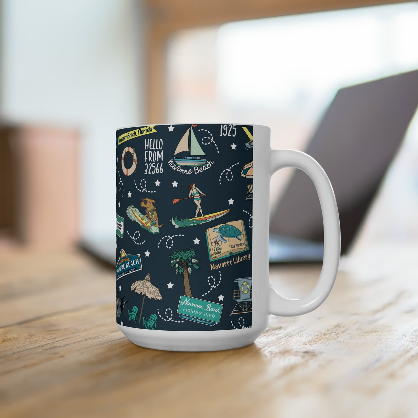 Ceramic Mug 15oz with Navarre Beach, FL in navy