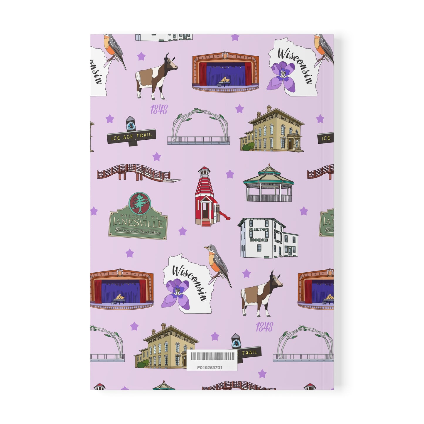 Paperback notebook with Janesville, Wisconsin WI landmarks in lilac 150 lined pages