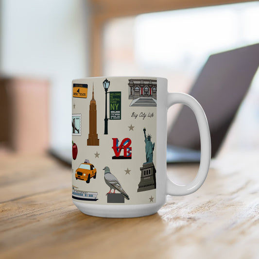 Ceramic Mug 15oz with New York City, Manhattan, Brooklyn NY in ivory