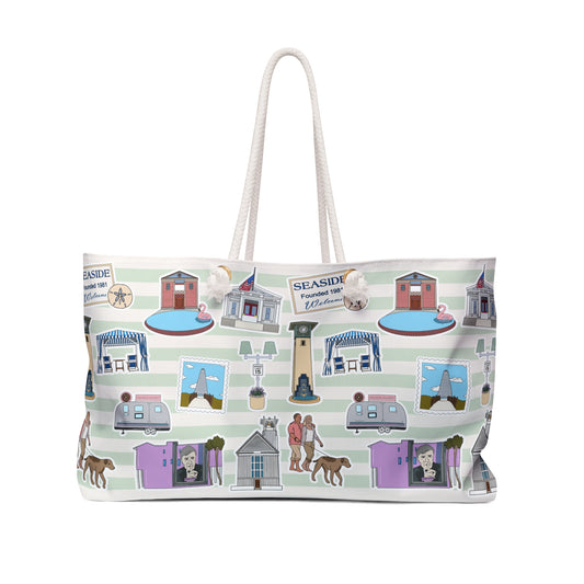 Beach Bag with Seaside, FL landmarks in olive stripes