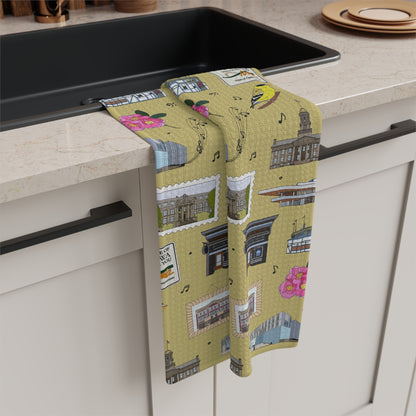 Kitchen Towel with Iowa City, Iowa IA in mustard