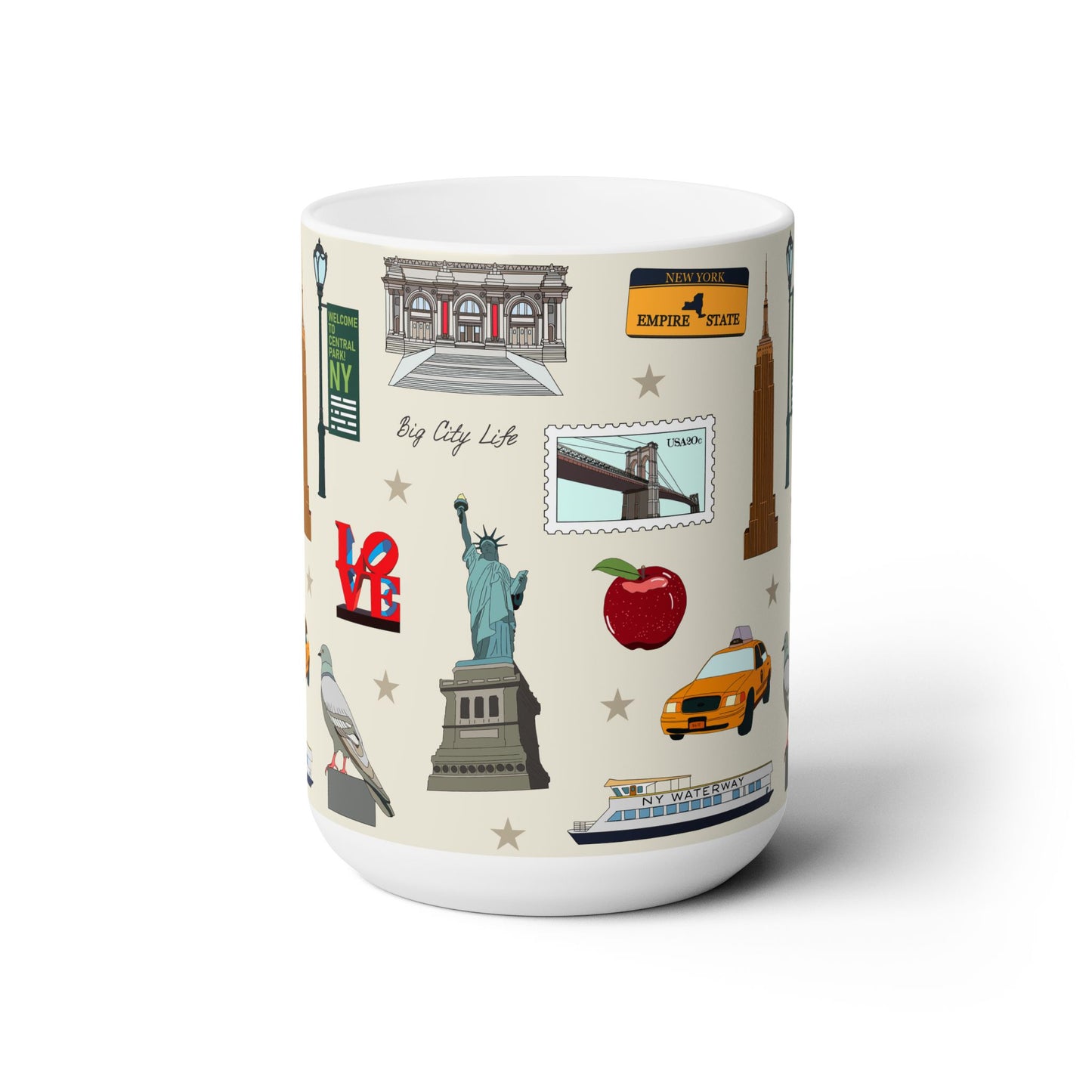 Ceramic Mug 15oz with New York City, Manhattan, Brooklyn NY in ivory