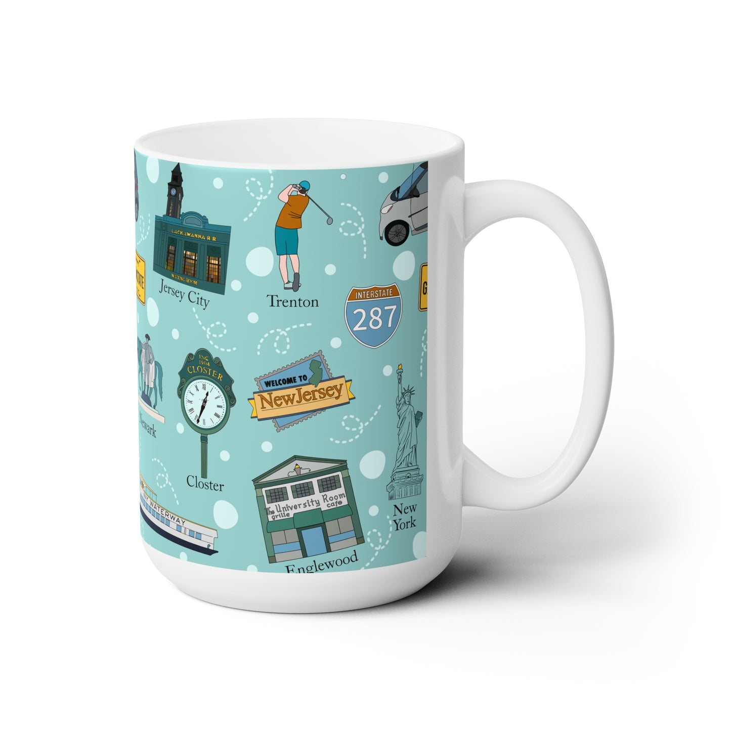 Ceramic Mug 15oz with New Jersey in light teal