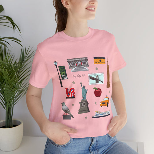 Unisex Jersey Short Sleeve Tee with New York City, Manhattan, Brooklyn NY landmarks print