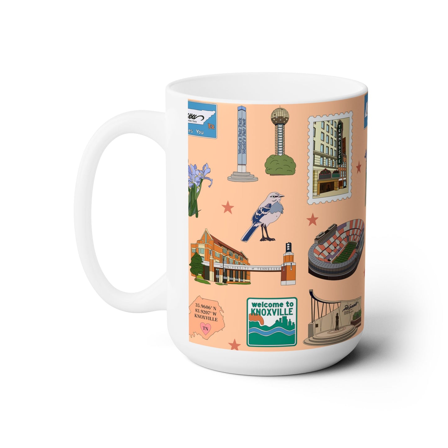 Ceramic Mug 15oz with Knoxville, Tennessee TN in peach