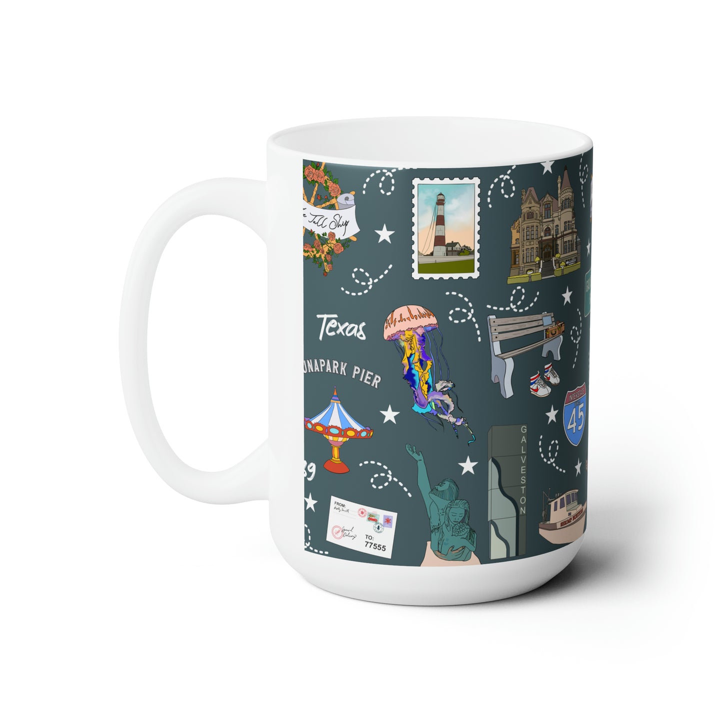 Ceramic Mug 15oz with Galveston, TX in deep ocean