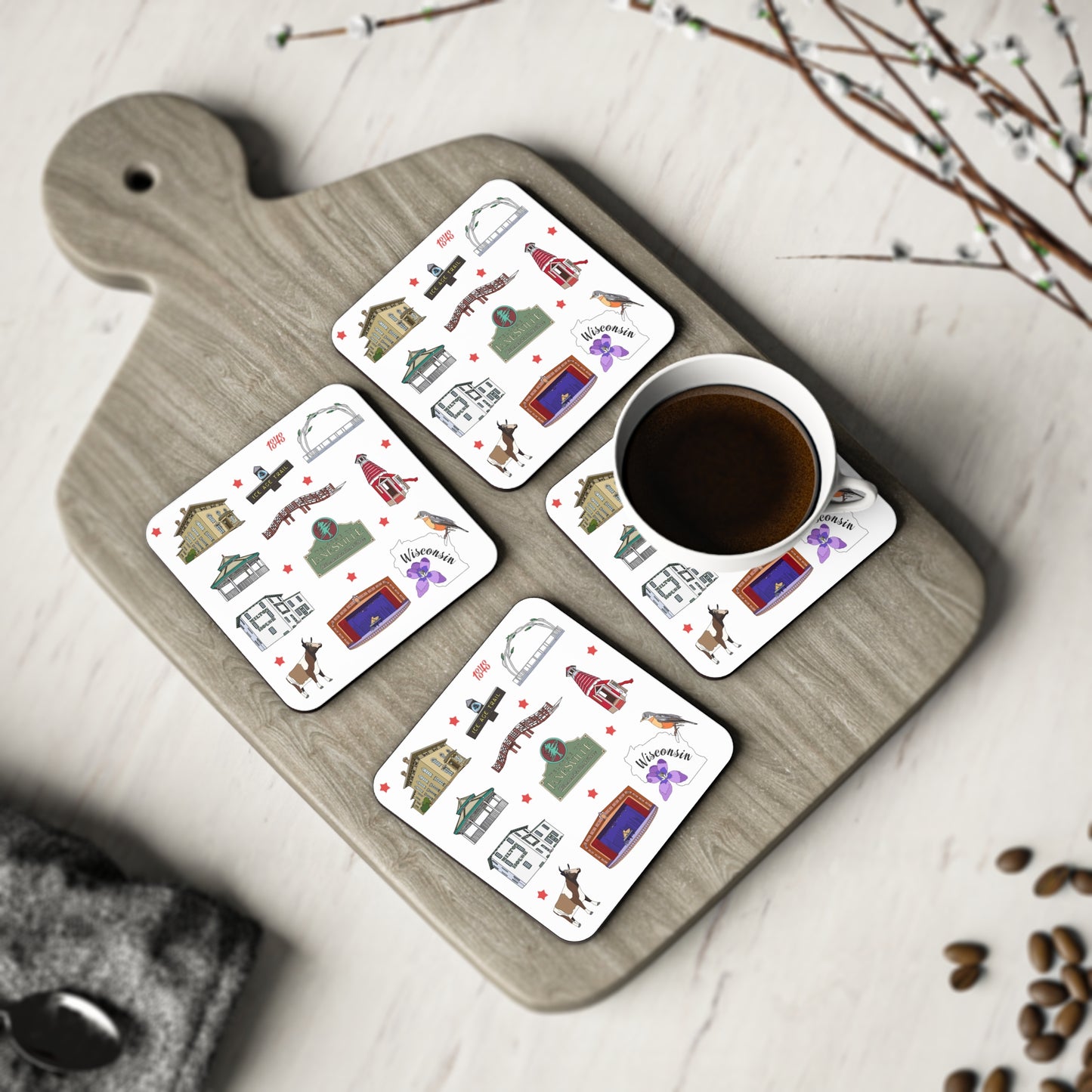 Set of 4 Ceramic Mug Coasters with Janesville, Wisconsin WI