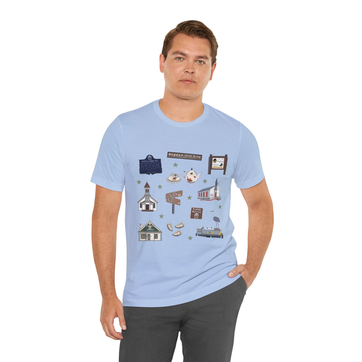 Unisex Jersey Short Sleeve Tee with Bagdad, Florida FL landmarks print