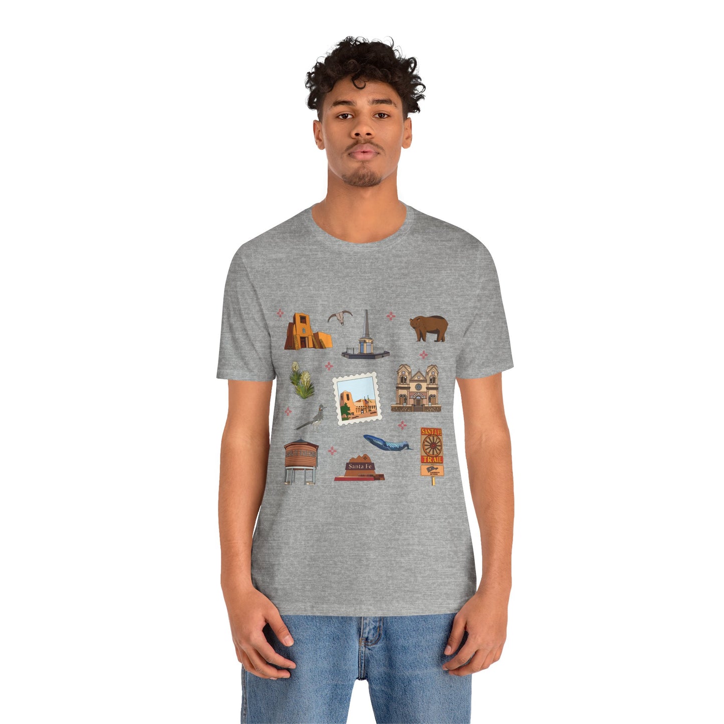 Unisex Jersey Short Sleeve Tee with Santa Fe, New Mexico NM landmarks print