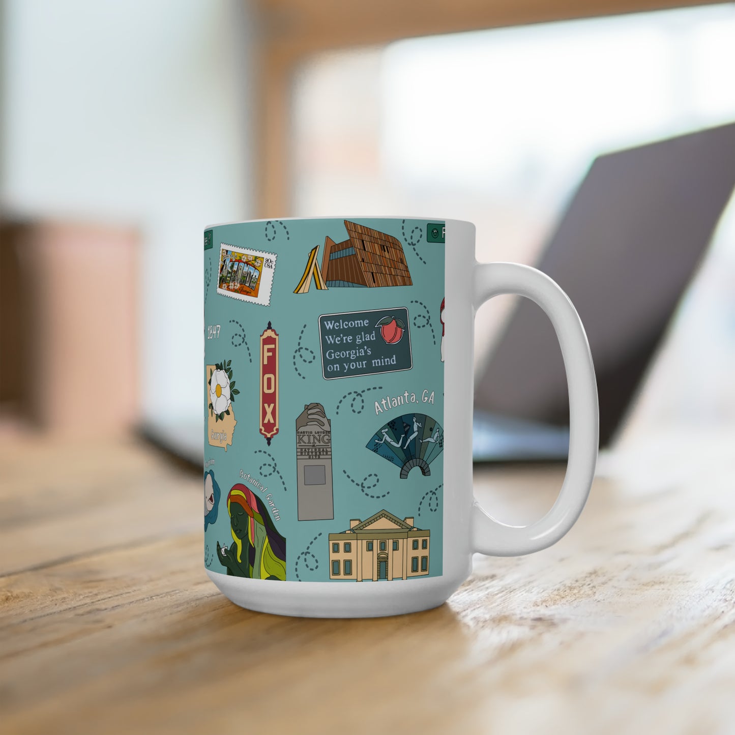 Ceramic Mug 15oz with Atlanta, GA in turquoise