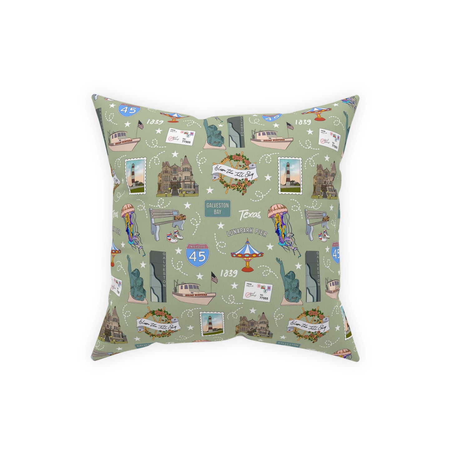 Broadcloth Pillow with Galveston, TX in olive