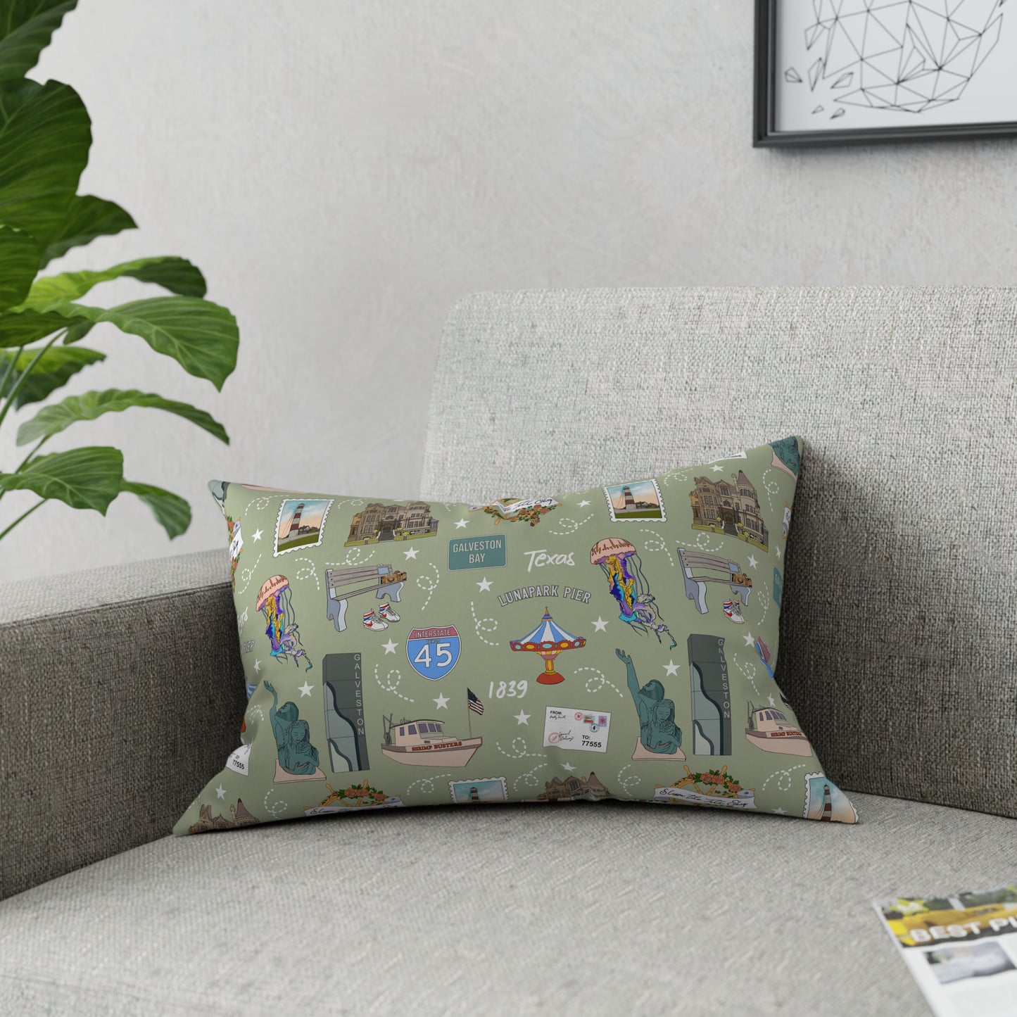 Broadcloth Pillow with Galveston, TX in olive