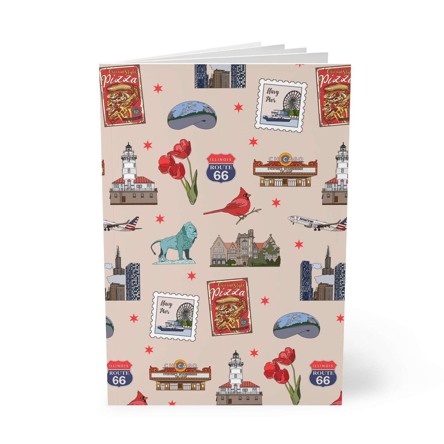 Paperback notebook with Chicago, Illinois IL landmarks in sand 150 lined pages