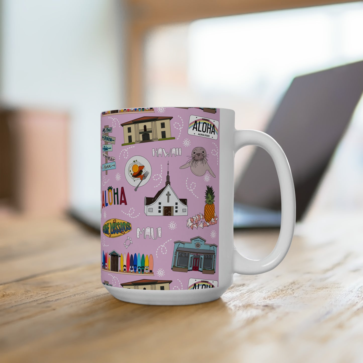 Ceramic Mug 15oz with Maui, HI in pink