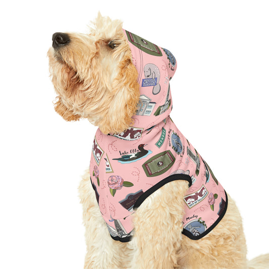 Pet Hoodie with Tallahassee Florida landmarks in pink