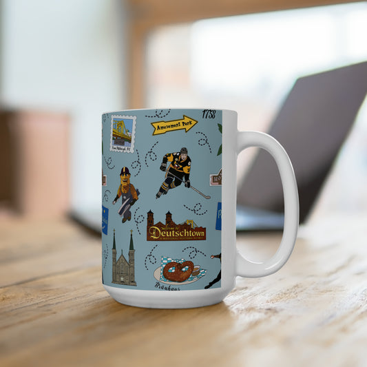 Ceramic Mug 15oz with Pittsburgh, PA in dusty blue