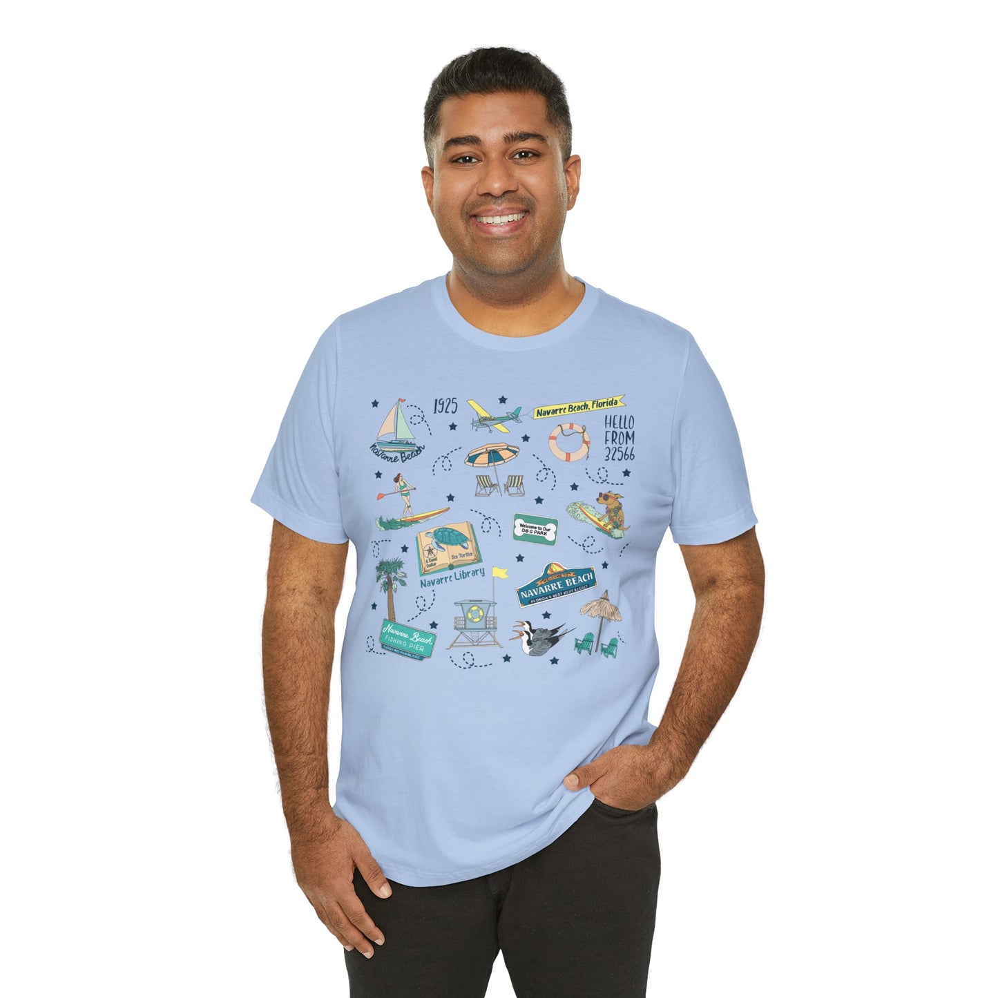 Unisex Jersey Short Sleeve Tee with Navarre Beach, FL landmarks print