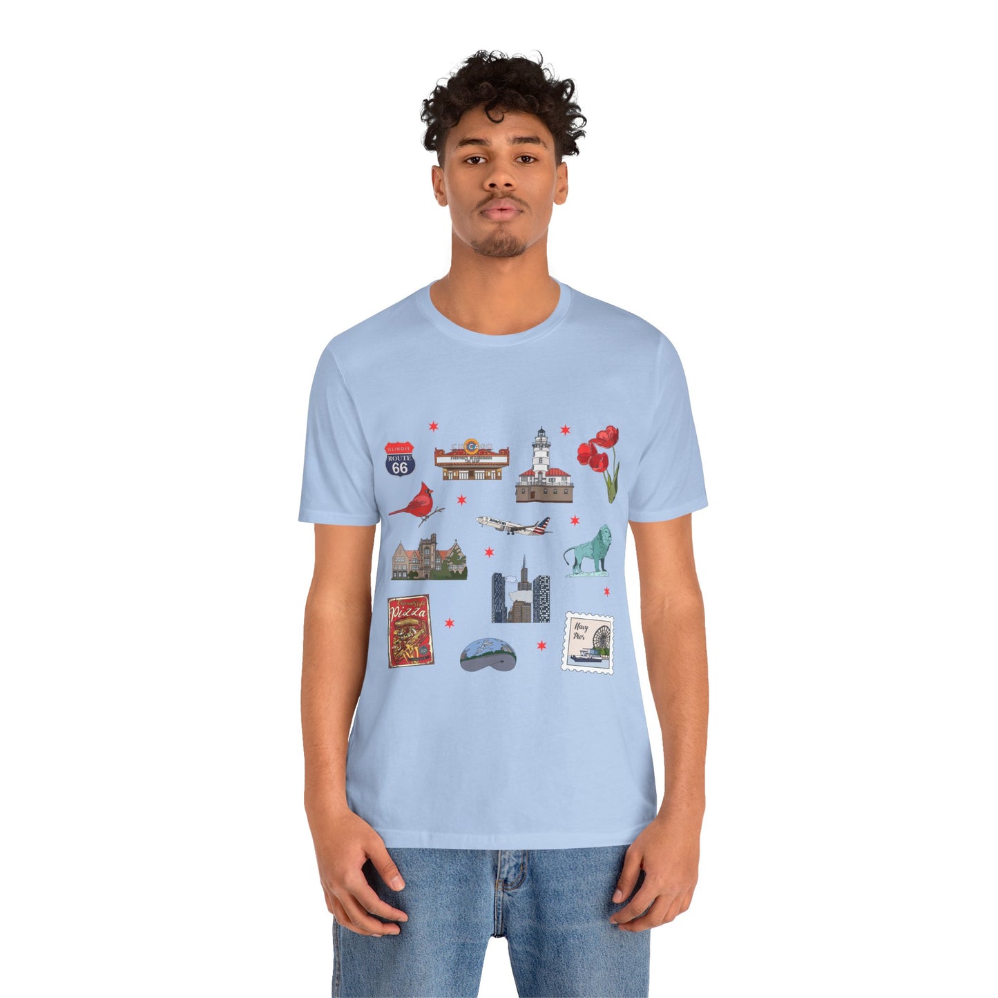 Unisex Jersey Short Sleeve Tee with Chicago, Illinois IL landmarks print