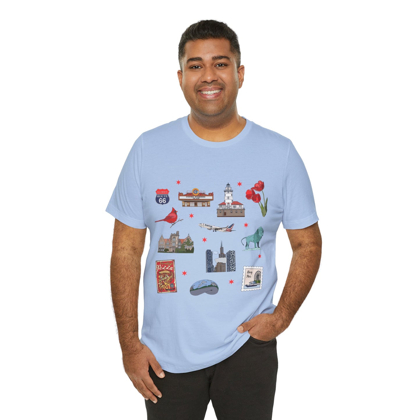 Unisex Jersey Short Sleeve Tee with Chicago, Illinois IL landmarks print
