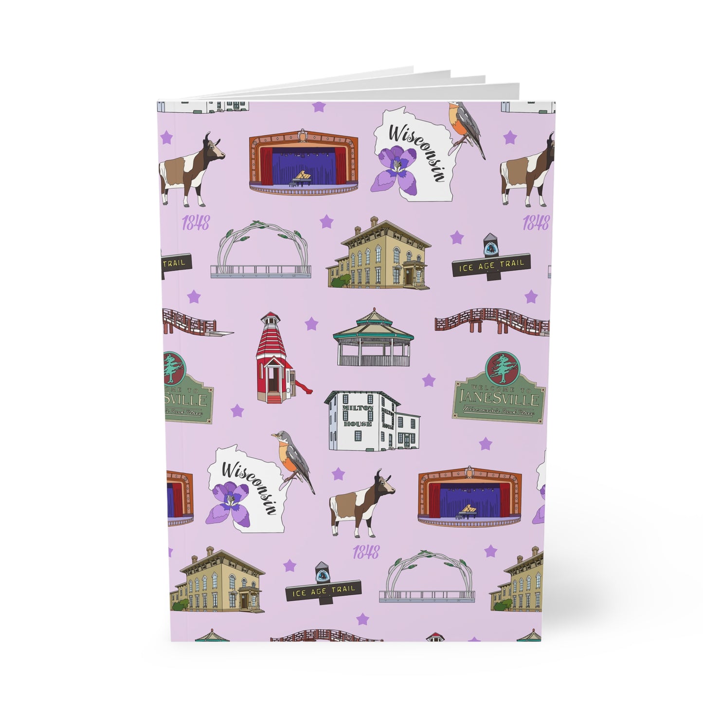 Paperback notebook with Janesville, Wisconsin WI landmarks in lilac 150 lined pages