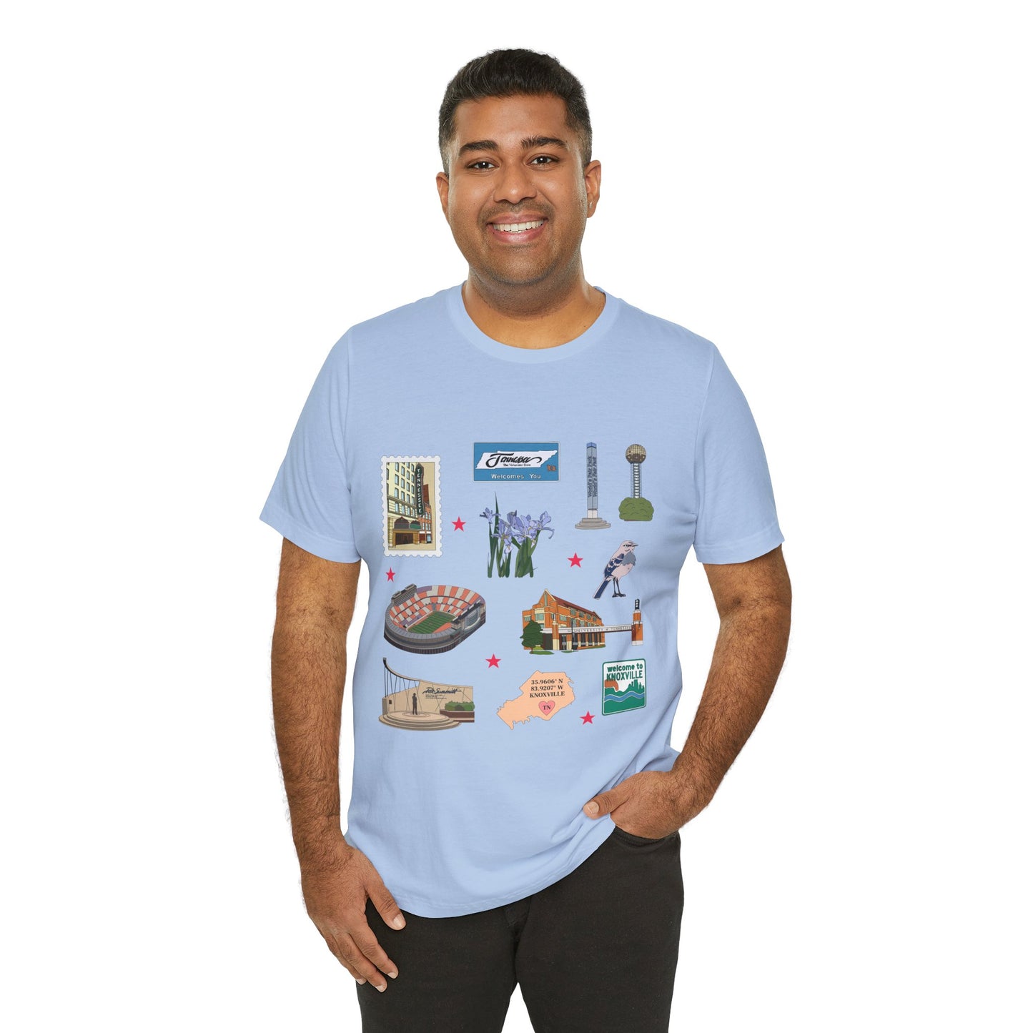 Unisex Jersey Short Sleeve Tee with Knoxville, Tennessee TN landmarks print