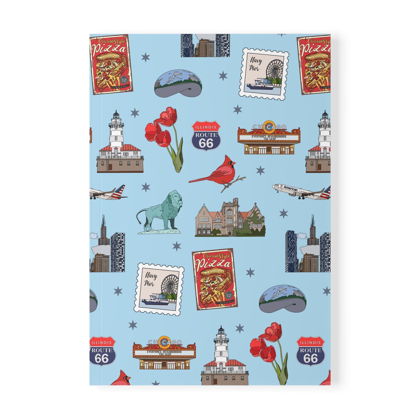 Paperback notebook with Chicago, Illinois IL landmarks in sky 150 lined pages