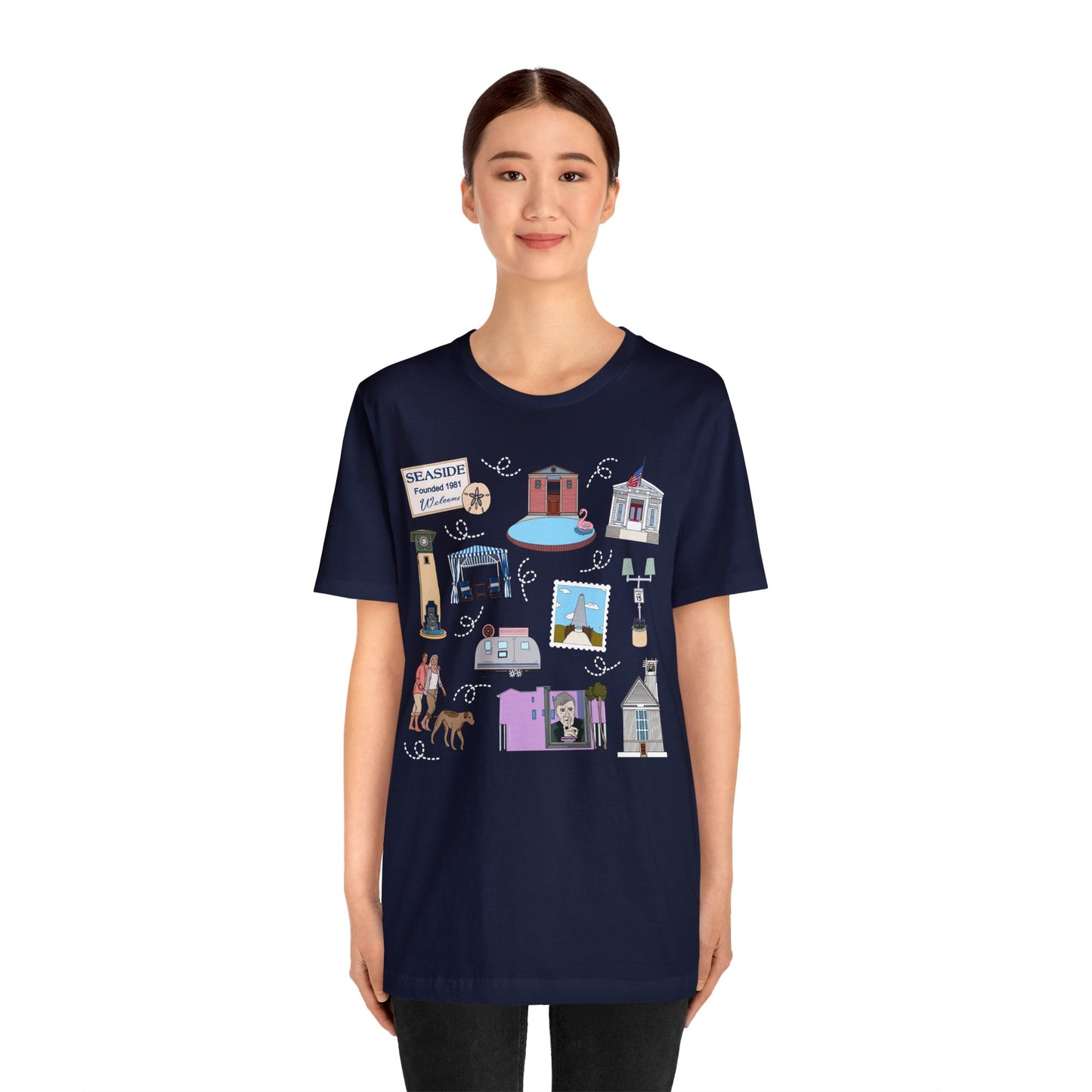 Unisex Jersey Short Sleeve Tee with Seaside, FL landmarks print