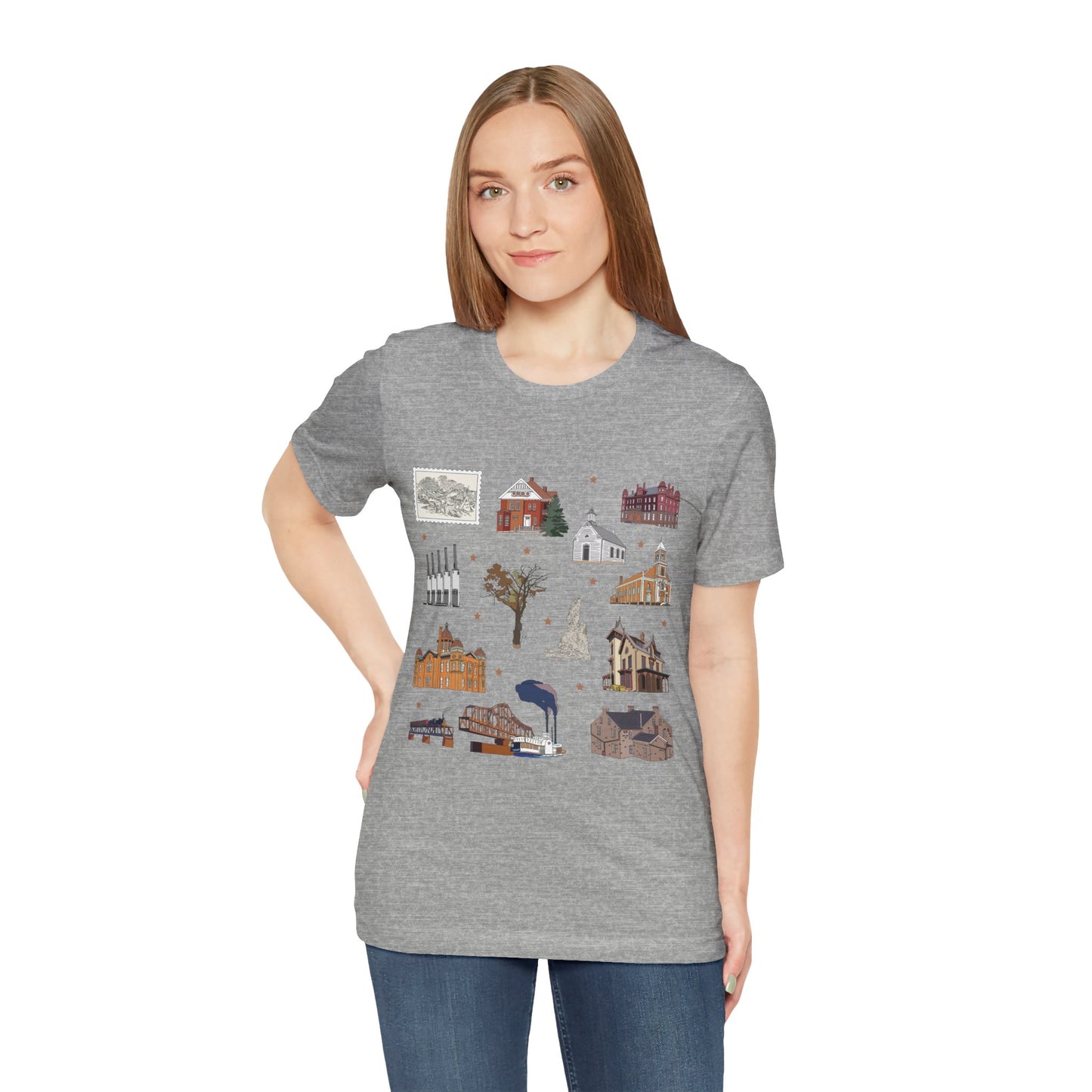Unisex Jersey Short Sleeve Tee with South St. Paul, Mendota, Hastings, Hampton, Inver Grove Heights near the Minneapolis Minnesota MN landmarks print