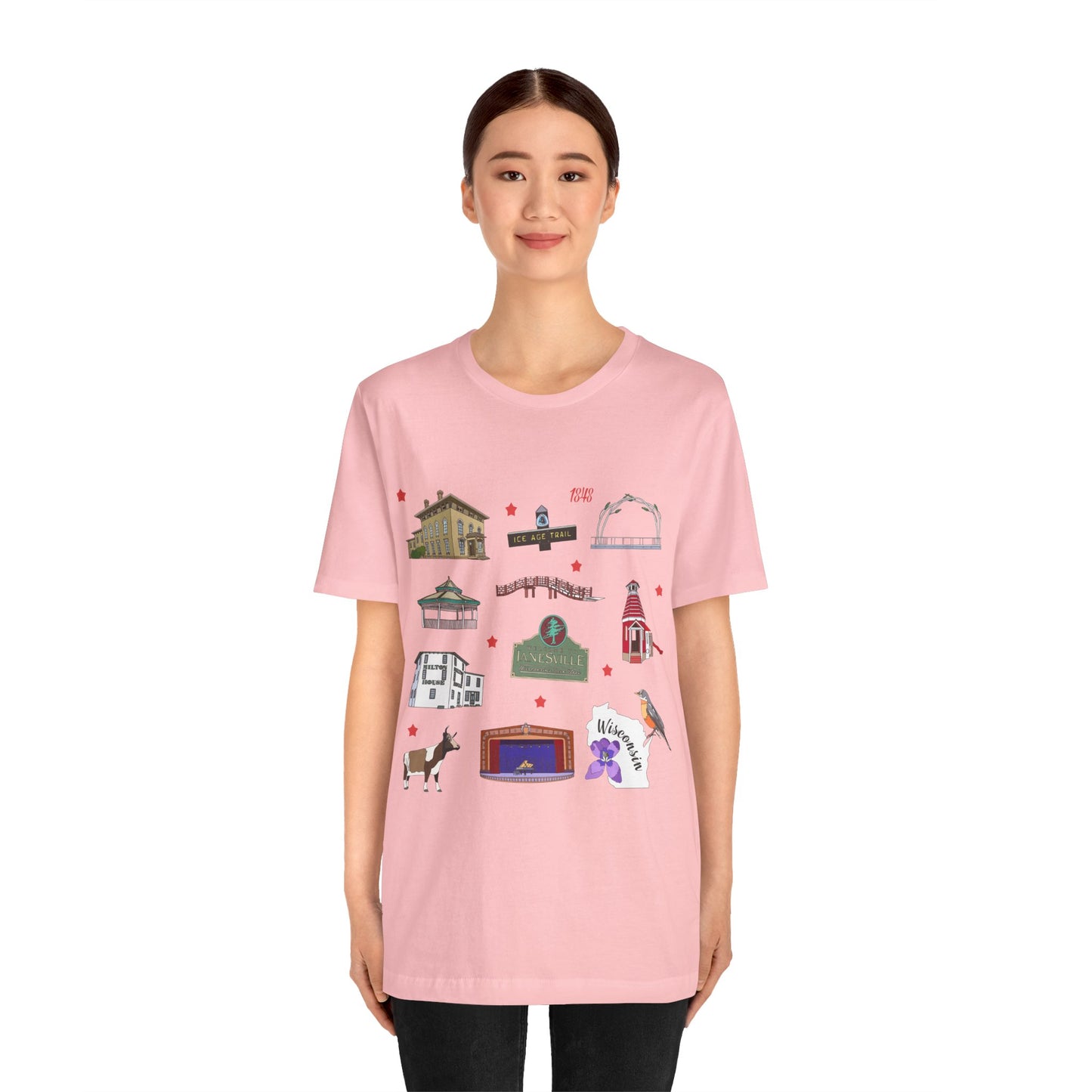 Unisex Jersey Short Sleeve Tee with Janesville, Wisconsin WI landmarks print