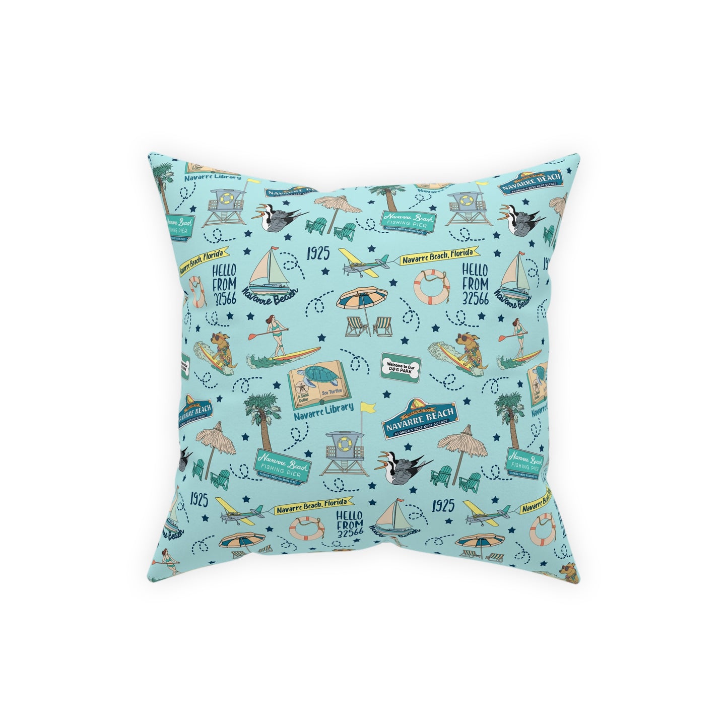 Broadcloth Pillow with Navarre Beach, FL in sky blue