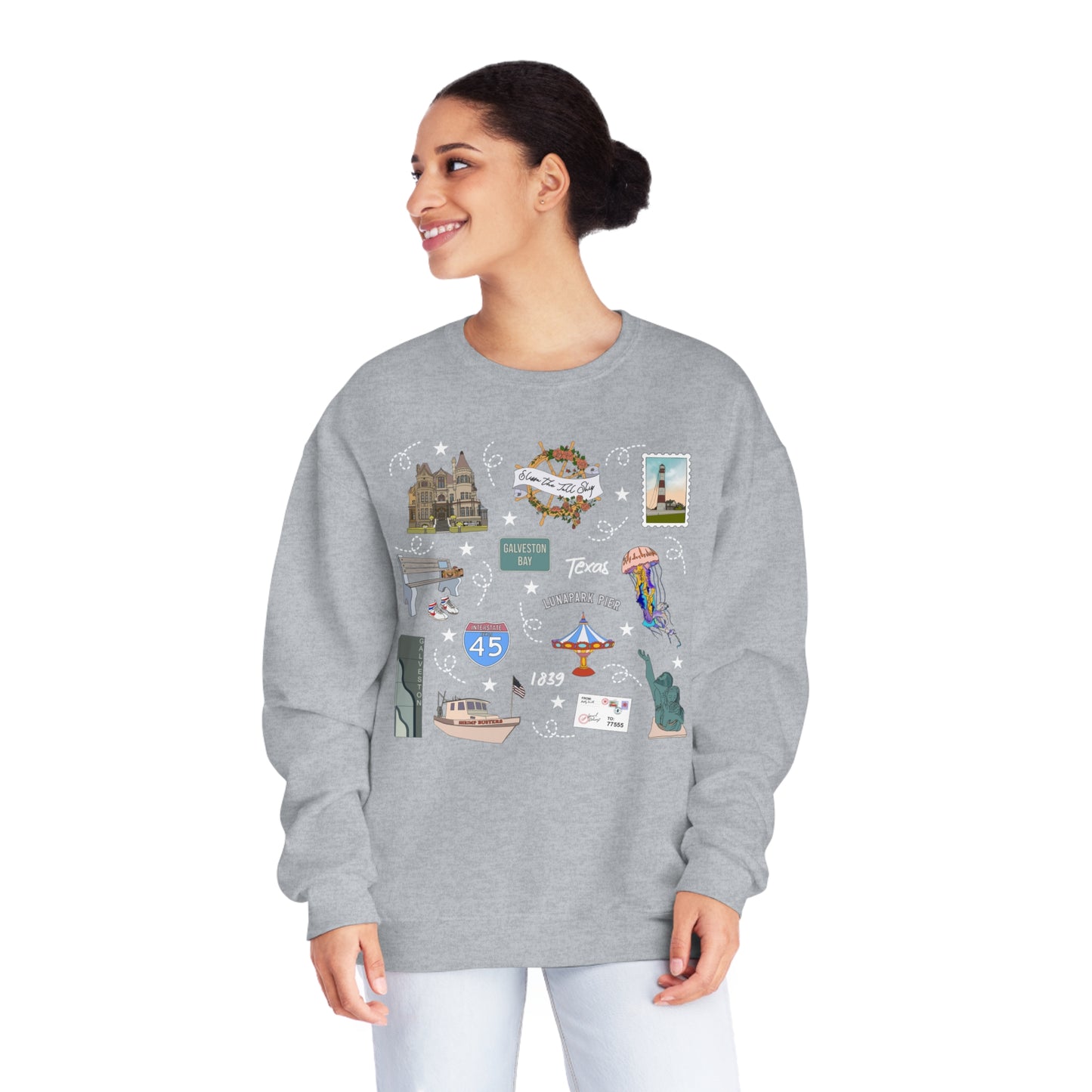 Unisex NuBlend® Crewneck Sweatshirt with Galveston, TX in assorted colors