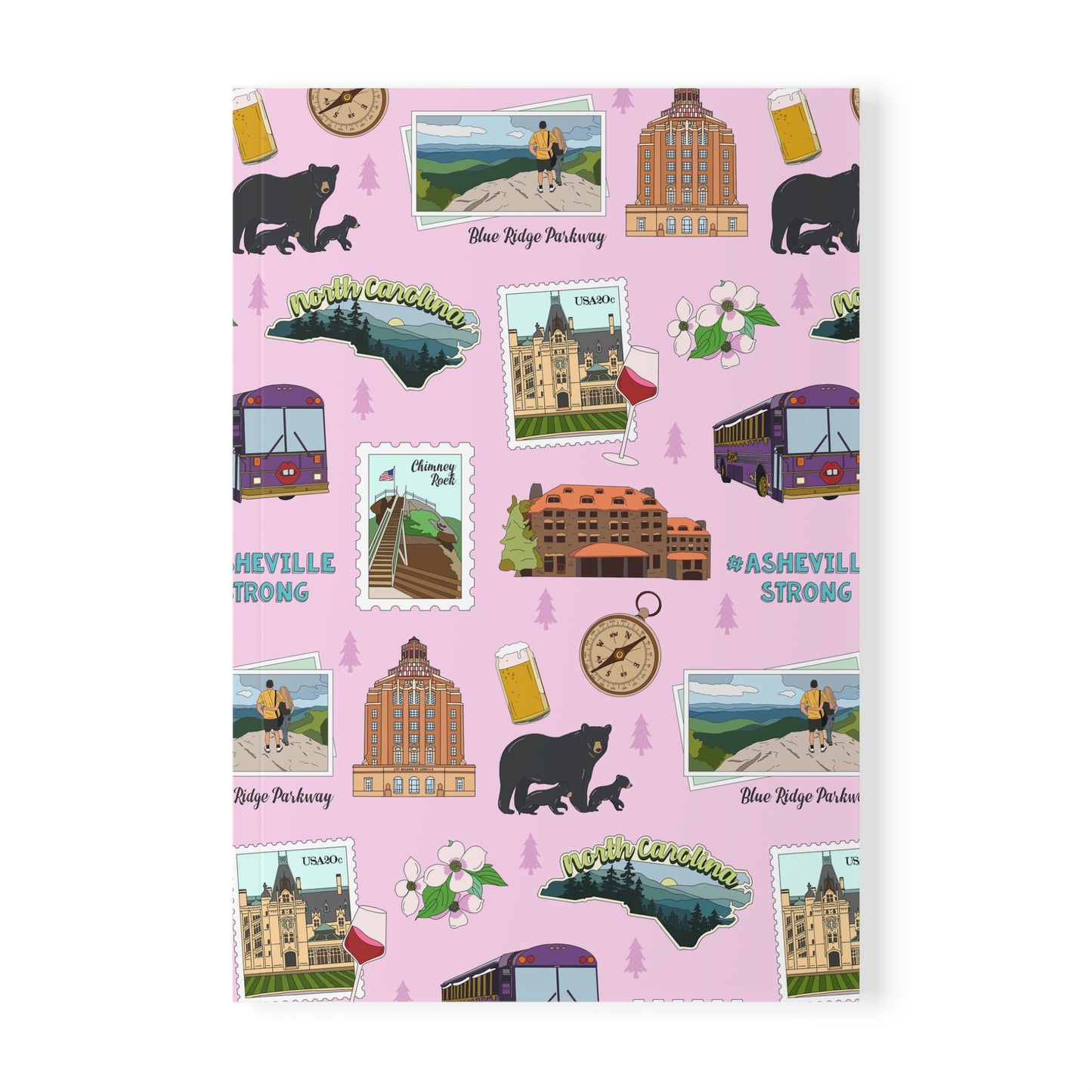 Paperback notebook with Asheville, North Carolina NC landmarks in pink 150 lined pages