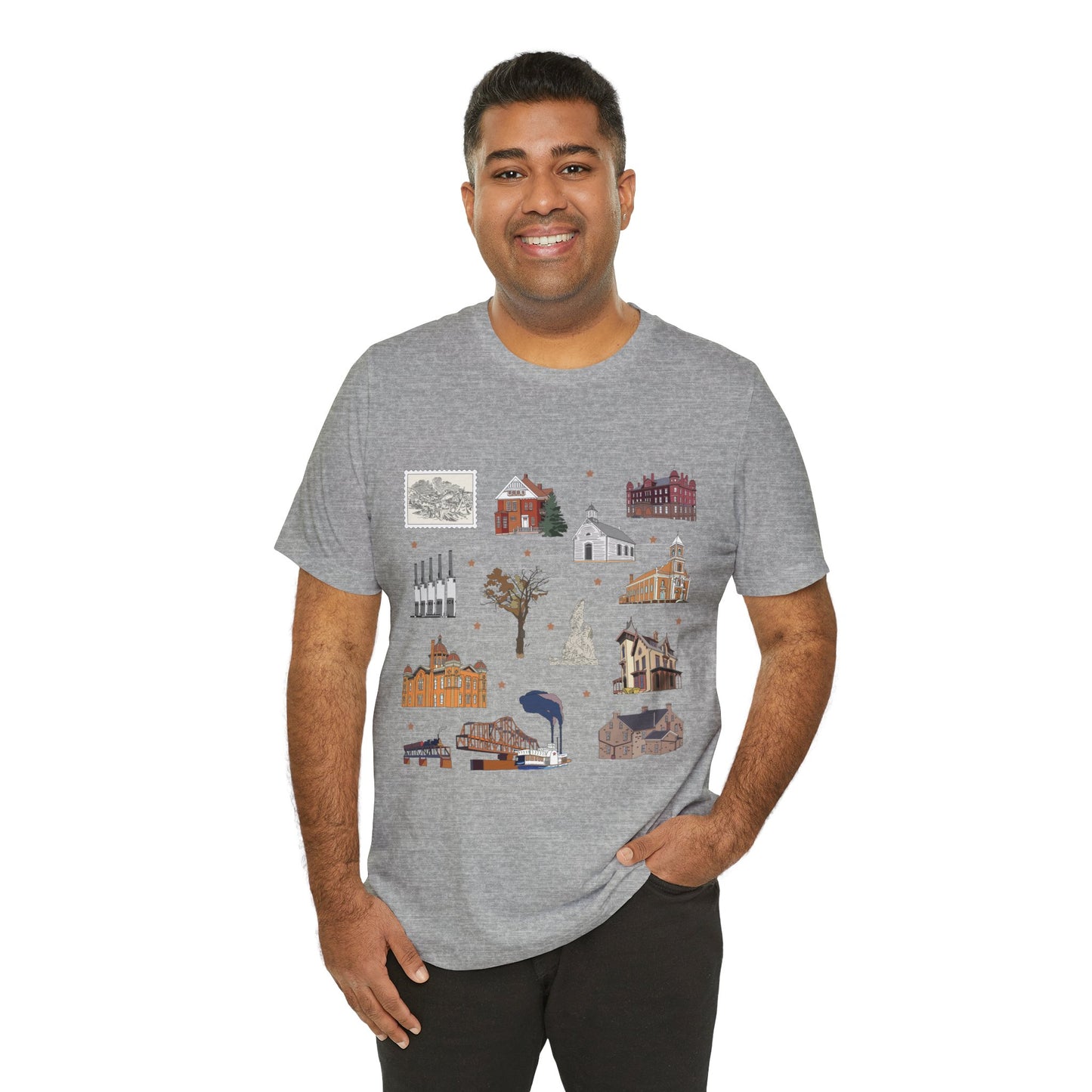 Unisex Jersey Short Sleeve Tee with South St. Paul, Mendota, Hastings, Hampton, Inver Grove Heights near the Minneapolis Minnesota MN landmarks print