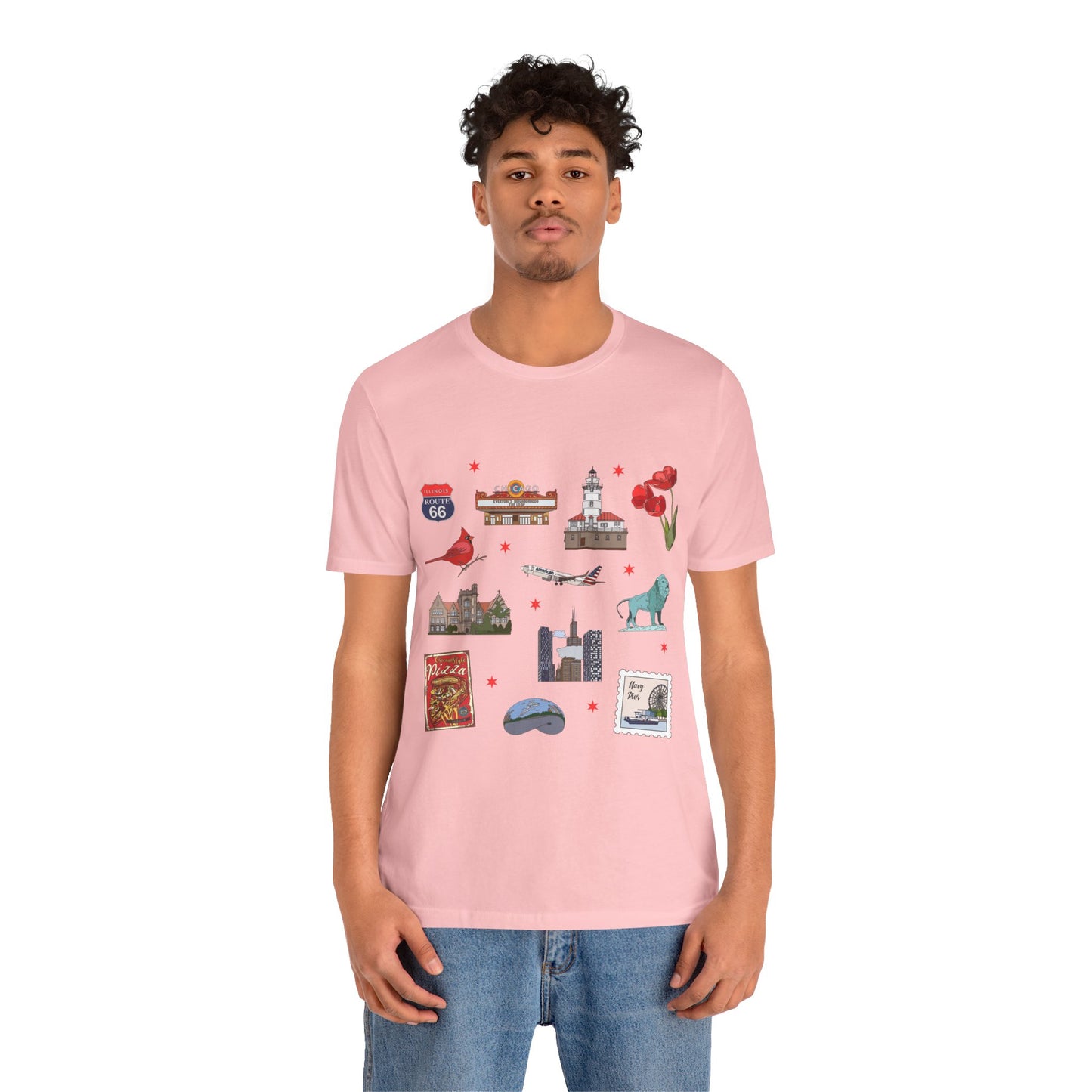 Unisex Jersey Short Sleeve Tee with Chicago, Illinois IL landmarks print